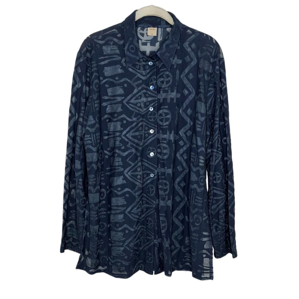 Indies Paris Women’s Aztec Blue Sheer Button Front Tunic Blouse Size L